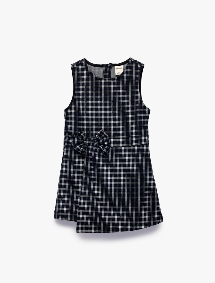 Kız Bebek Fiyonk Detaylı Kolsuz Bisiklet Yaka Ekoseli Tulum