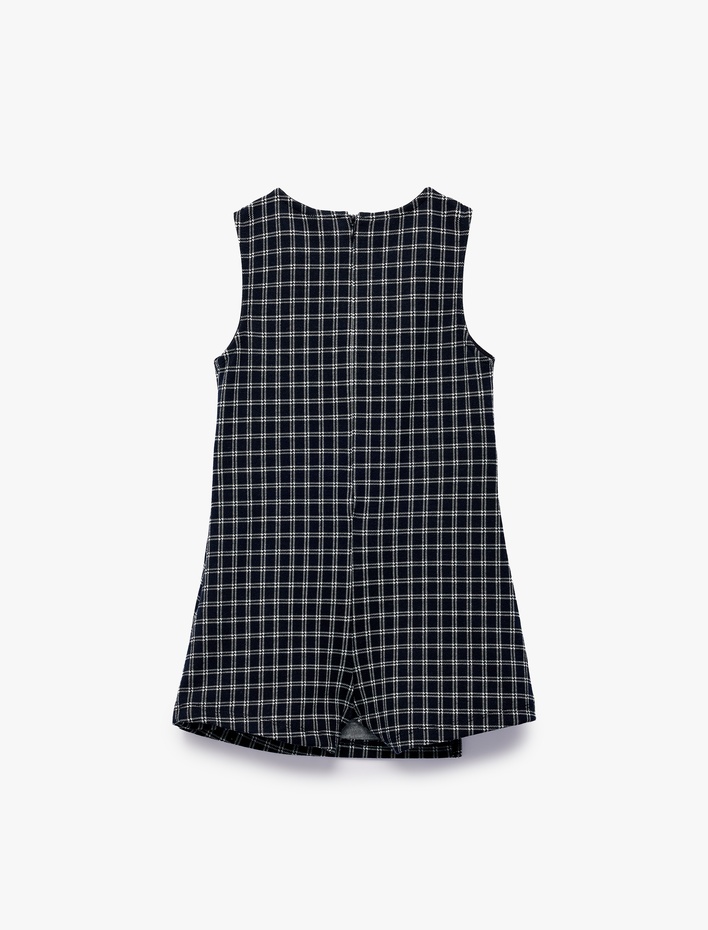 Kız Bebek Fiyonk Detaylı Kolsuz Bisiklet Yaka Ekoseli Tulum