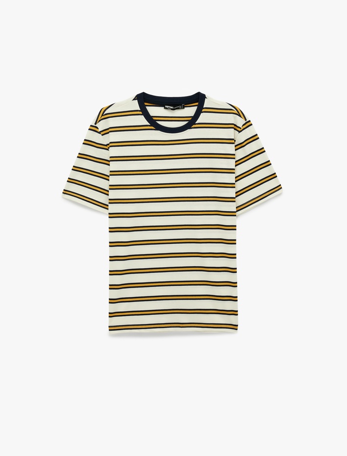  Pamuklu Regular Fit Kısa Kollu Bisiklet Yaka Çizgili Tişört