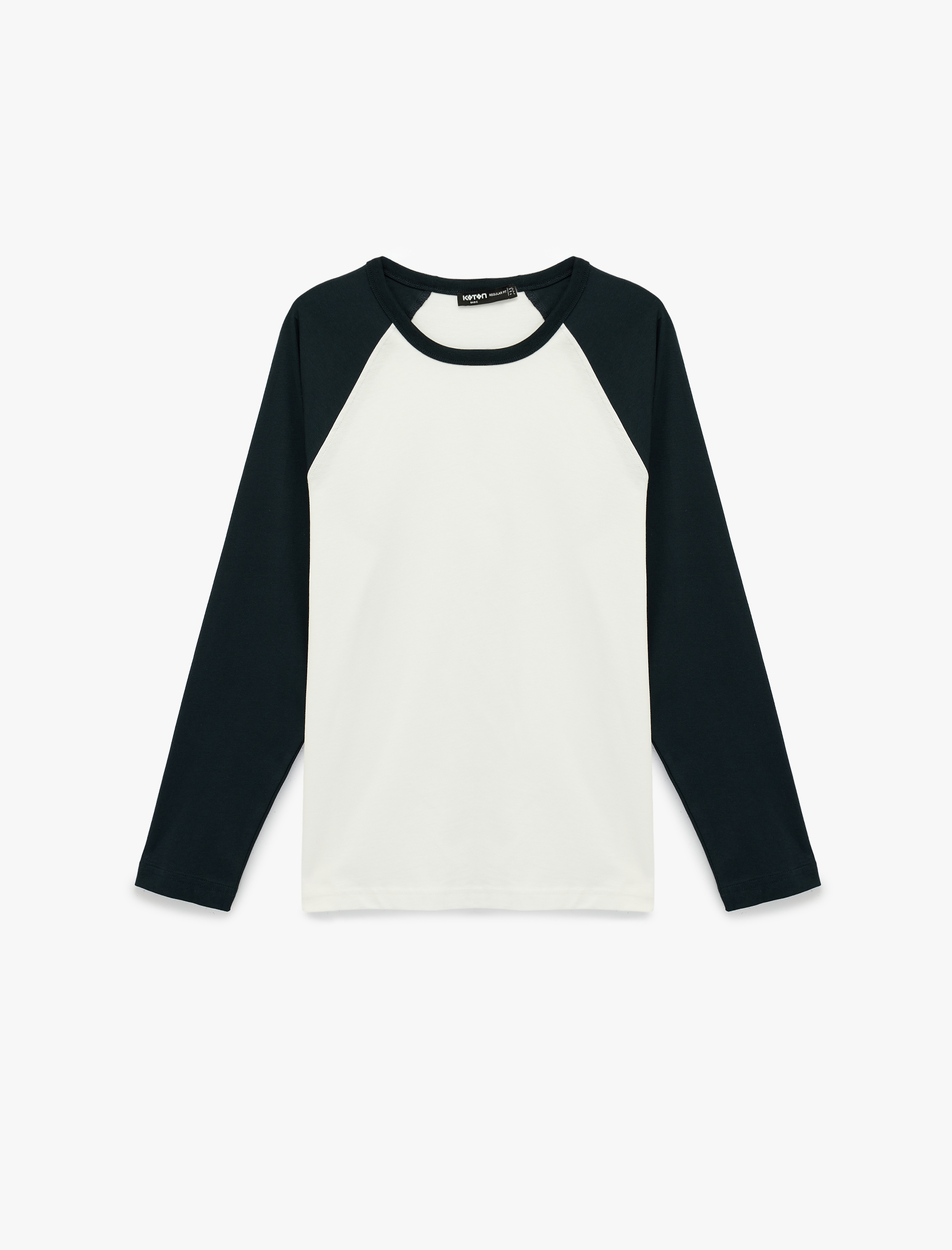   Regular Fit Pamuklu Bisiklet Yaka Renk Kontrastlı Reglan Uzun Kollu Tişört