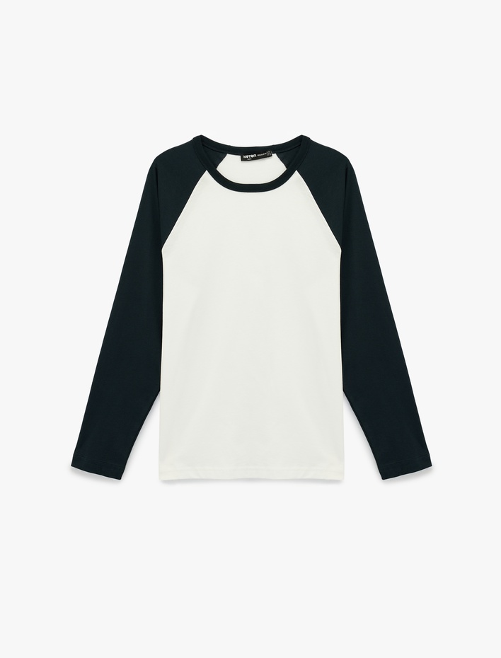  Regular Fit Pamuklu Bisiklet Yaka Renk Kontrastlı Reglan Uzun Kollu Tişört