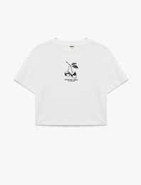 Kiraz Baskılı Kısa Kollu Bisiklet Yaka Pamuklu Tişört