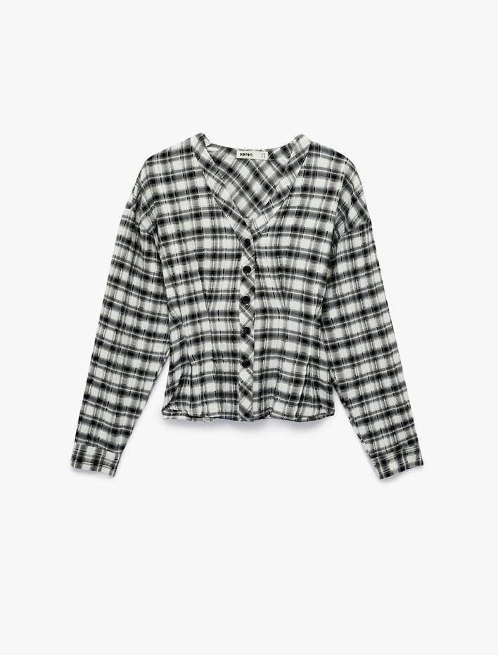  Regular Fit Pens Detaylı Uzun Kollu Yakasız Ekose Gömlek