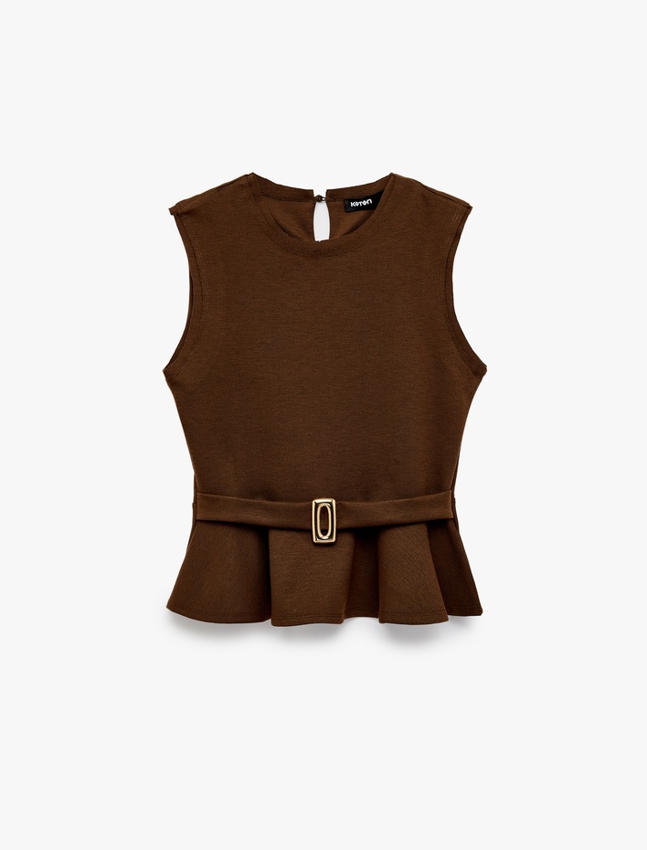  Slim Fit Kolsuz Bisiklet Yaka Kemerli Peplum Bluz