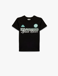 Pamuklu Kısa Kollu Bisiklet Yaka Baskılı Tişört