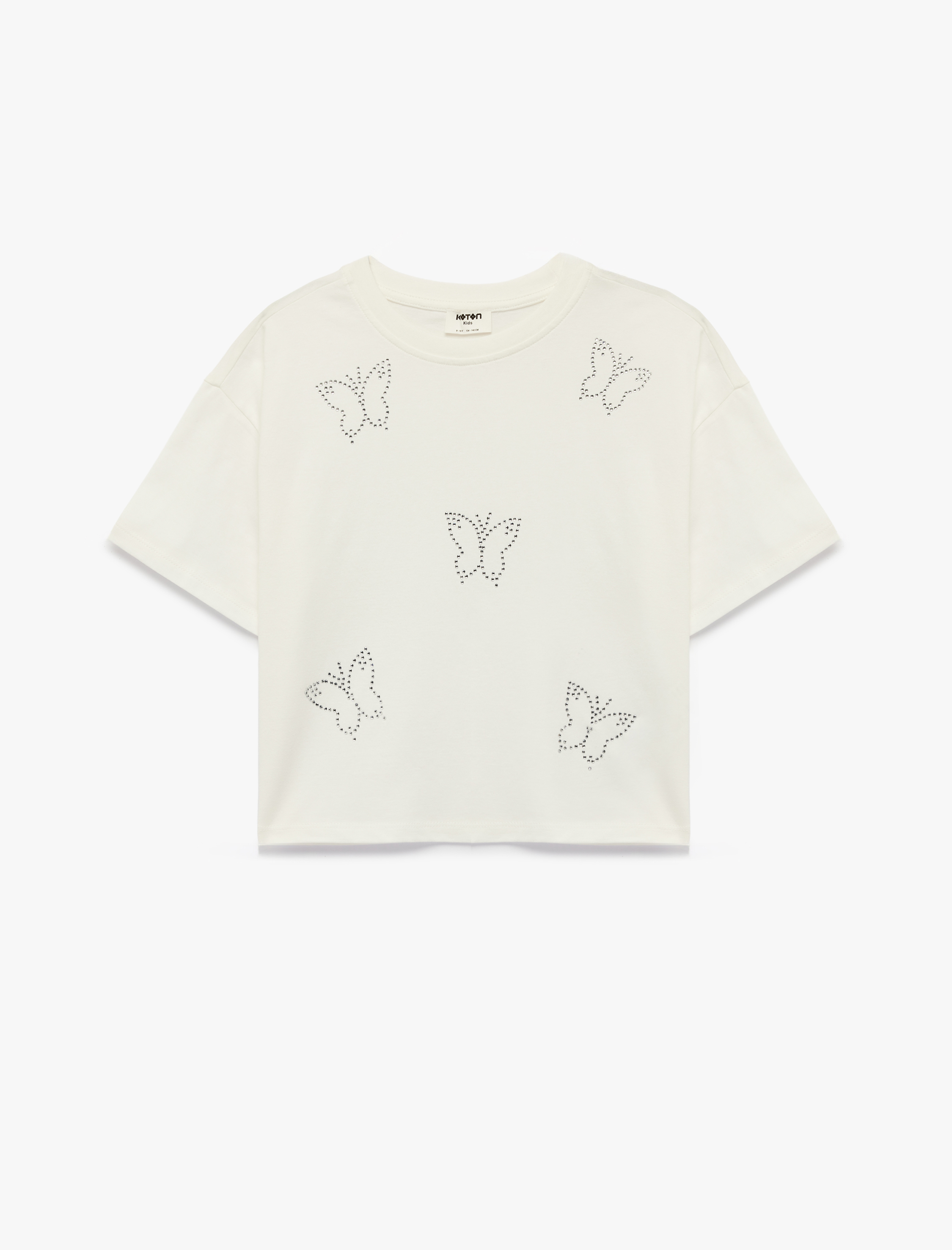  Kız Çocuk Kelebek Desenli Taş Detaylı Kısa Kollu Bisiklet Yaka Pamuklu Tişört