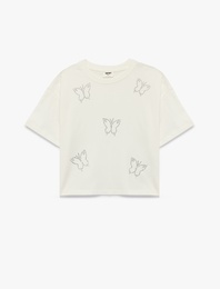 Kelebek Desenli Taş Detaylı Kısa Kollu Bisiklet Yaka Pamuklu Tişört