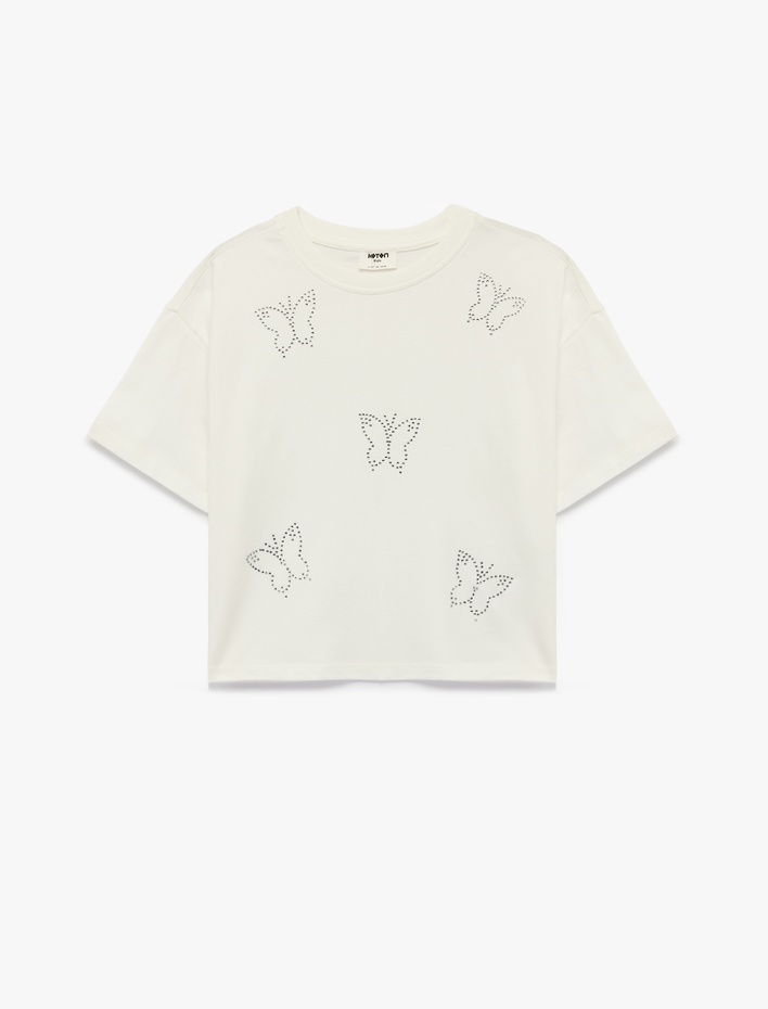 Kız Çocuk Kelebek Desenli Taş Detaylı Kısa Kollu Bisiklet Yaka Pamuklu Tişört