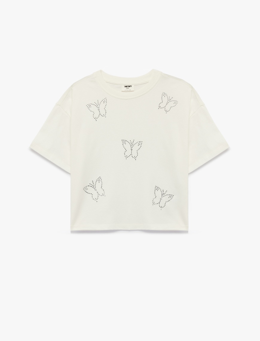 Koton Kelebek Desenli Taş Detaylı Kısa Kollu Bisiklet Yaka Pamuklu T-Shirt