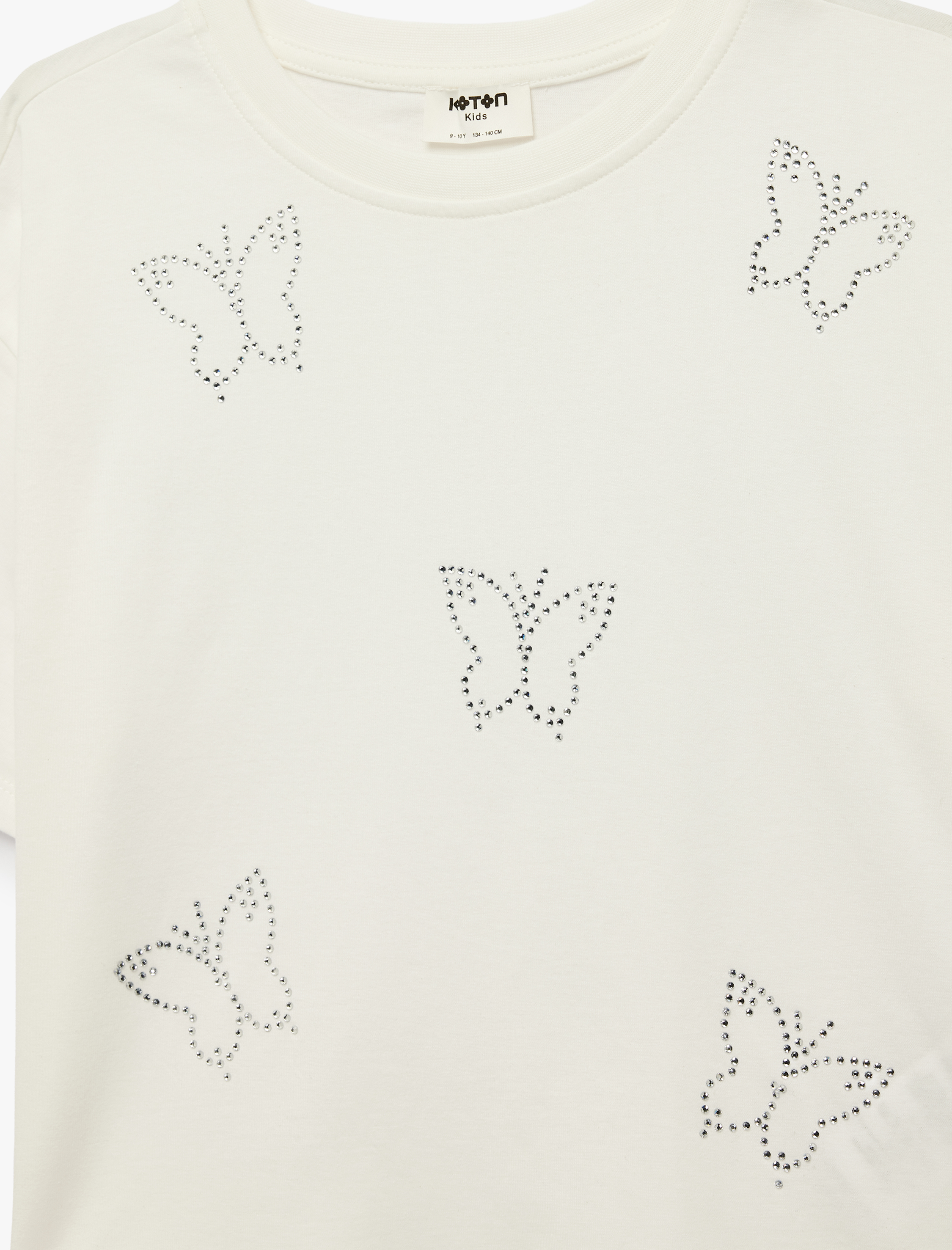  Kız Çocuk Kelebek Desenli Taş Detaylı Kısa Kollu Bisiklet Yaka Pamuklu Tişört