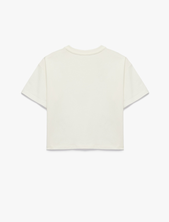 Kız Çocuk Kelebek Desenli Taş Detaylı Kısa Kollu Bisiklet Yaka Pamuklu Tişört