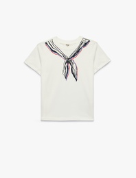 Boncuk Detaylı Bisiklet Yaka Uzun Kollu Pamuklu Baskılı Tişört