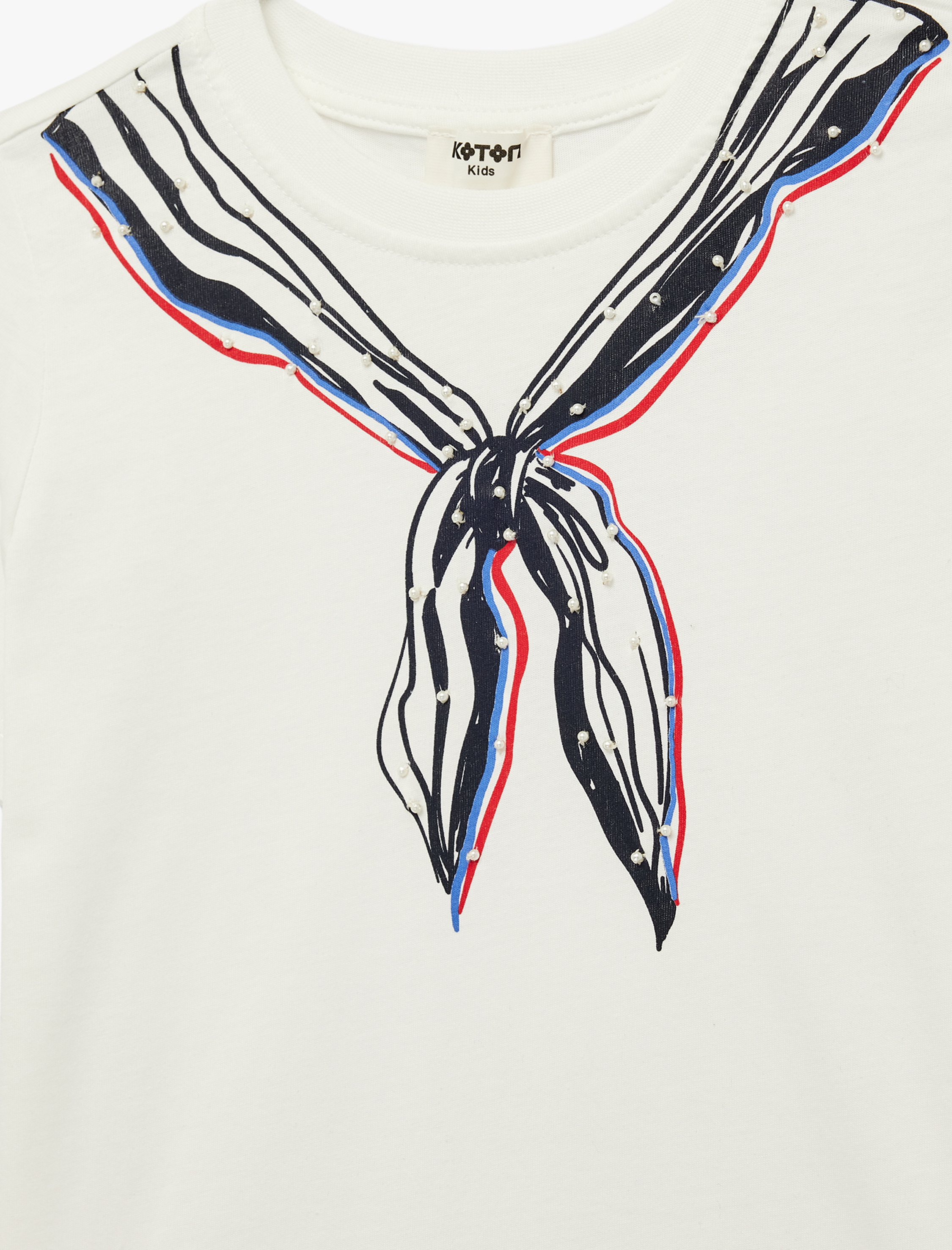  Kız Çocuk Boncuk Detaylı Bisiklet Yaka Uzun Kollu Pamuklu Baskılı Tişört