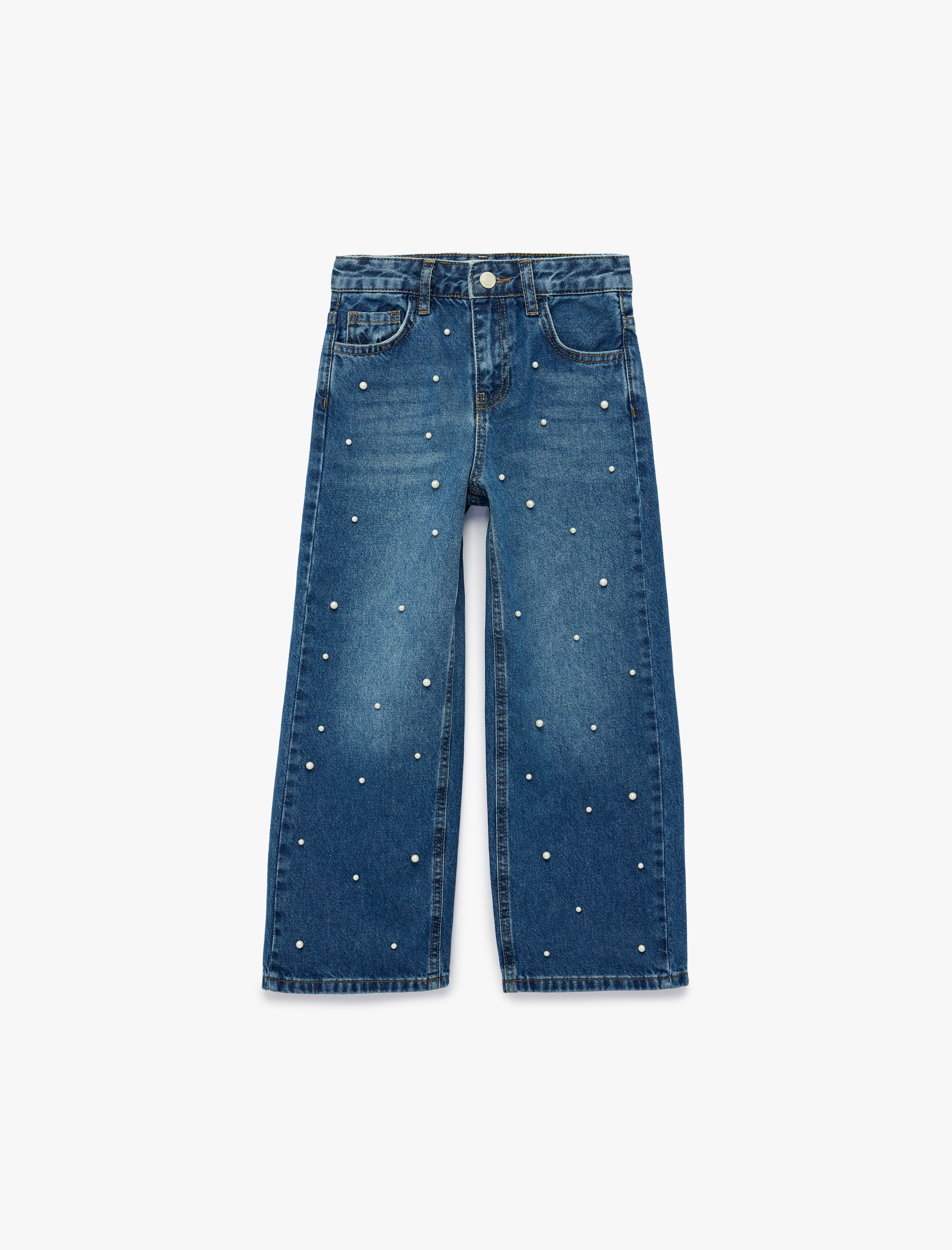Lacivert Kız Çocuk İnci Boncuk Detaylı Pamuklu Geniş Paça Denim
