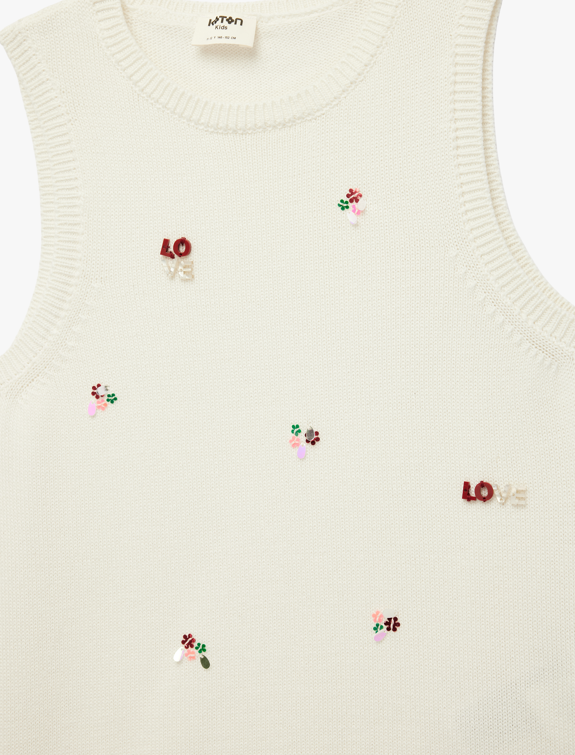  Kız Çocuk Bisiklet Yaka Kolsuz Boncuk ve Çiçek İşleme Detaylı Triko Atlet