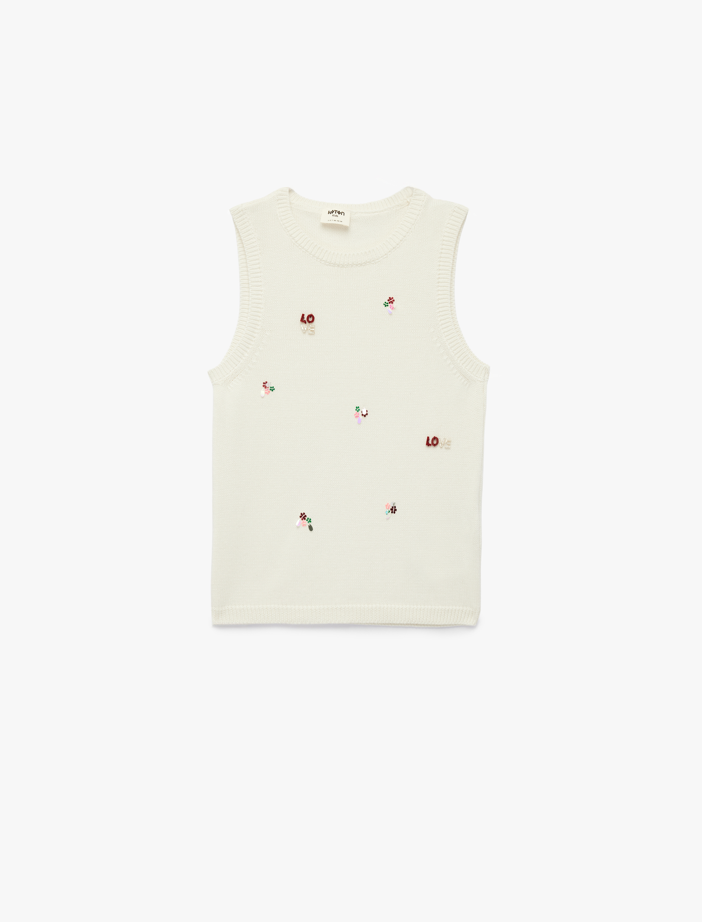  Kız Çocuk Bisiklet Yaka Kolsuz Boncuk ve Çiçek İşleme Detaylı Triko Atlet