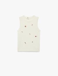 Bisiklet Yaka Kolsuz Boncuk ve Çiçek İşleme Detaylı Triko Atlet