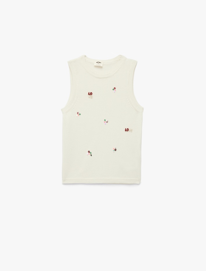 Kız Çocuk Bisiklet Yaka Kolsuz Boncuk ve Çiçek İşleme Detaylı Triko Atlet