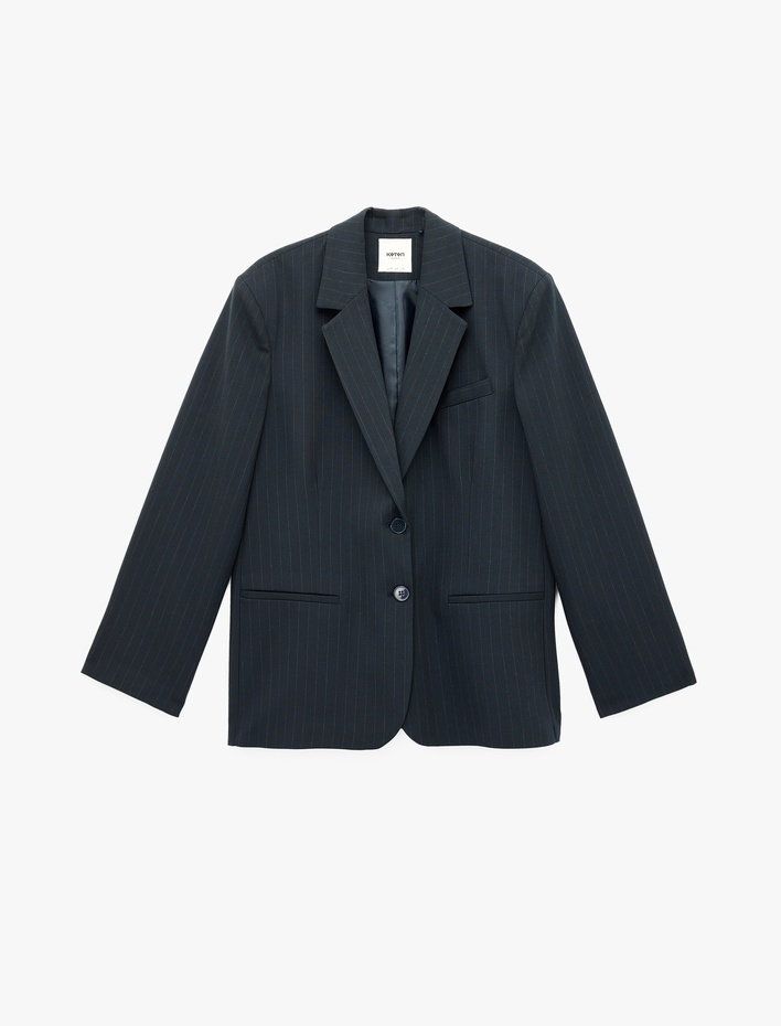  Viskon Karışımlı Cep Detaylı Düğmeli Geniş Yaka Blazer Ceket