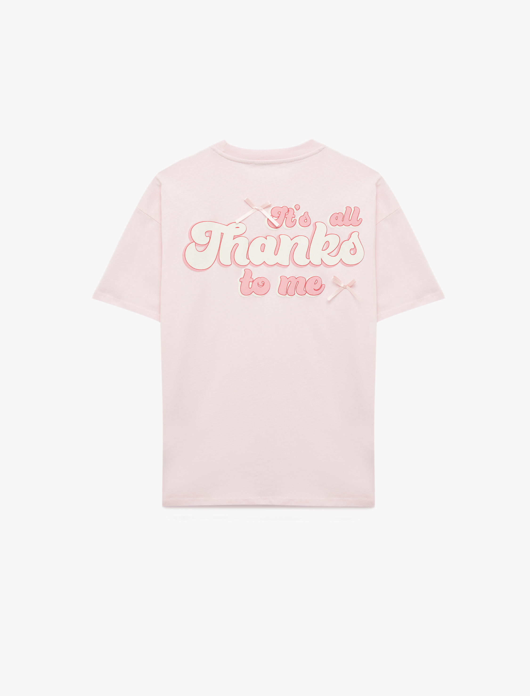   Rahat Kalıp Kısa Kollu Bisiklet Yaka Arkası Baskılı Fiyonklu Tişört