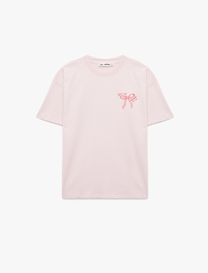  Rahat Kalıp Kısa Kollu Bisiklet Yaka Arkası Baskılı Fiyonklu Tişört