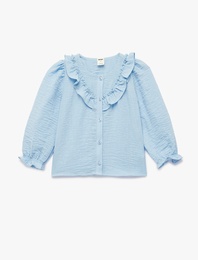 Düğmeli Bisiklet Yaka Uzun Kollu Fırfır Detaylı Bluz