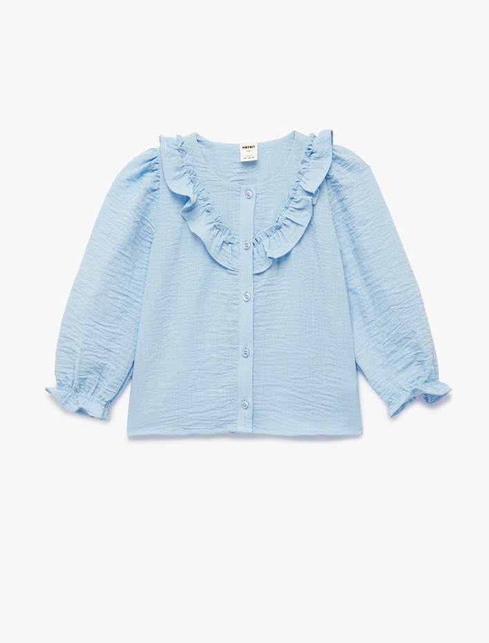Kız Bebek Düğmeli Bisiklet Yaka Uzun Kollu Fırfır Detaylı Bluz