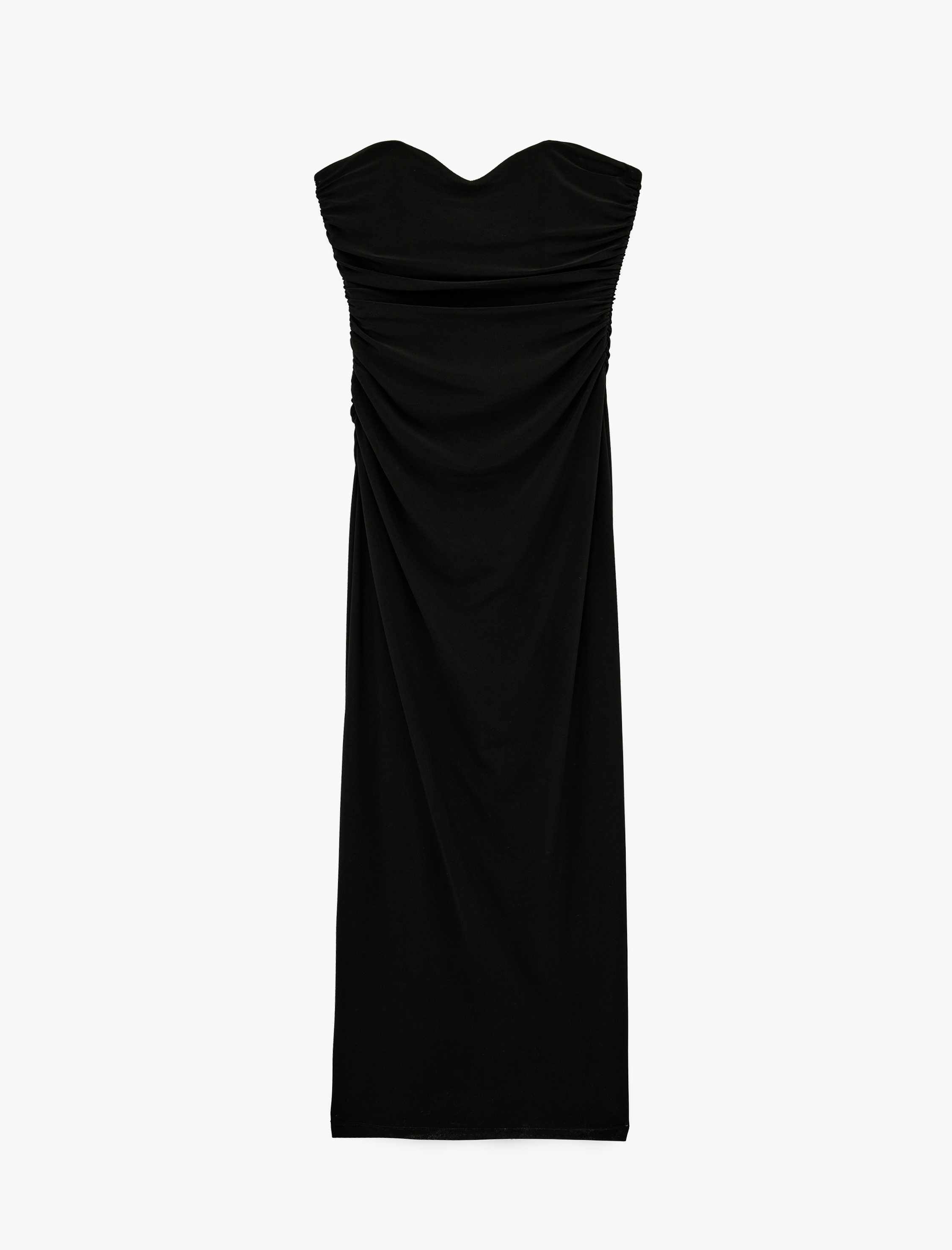   Drapeli Kolsuz Slim Fit Bodycon Midi Straplez Abiye Elbise