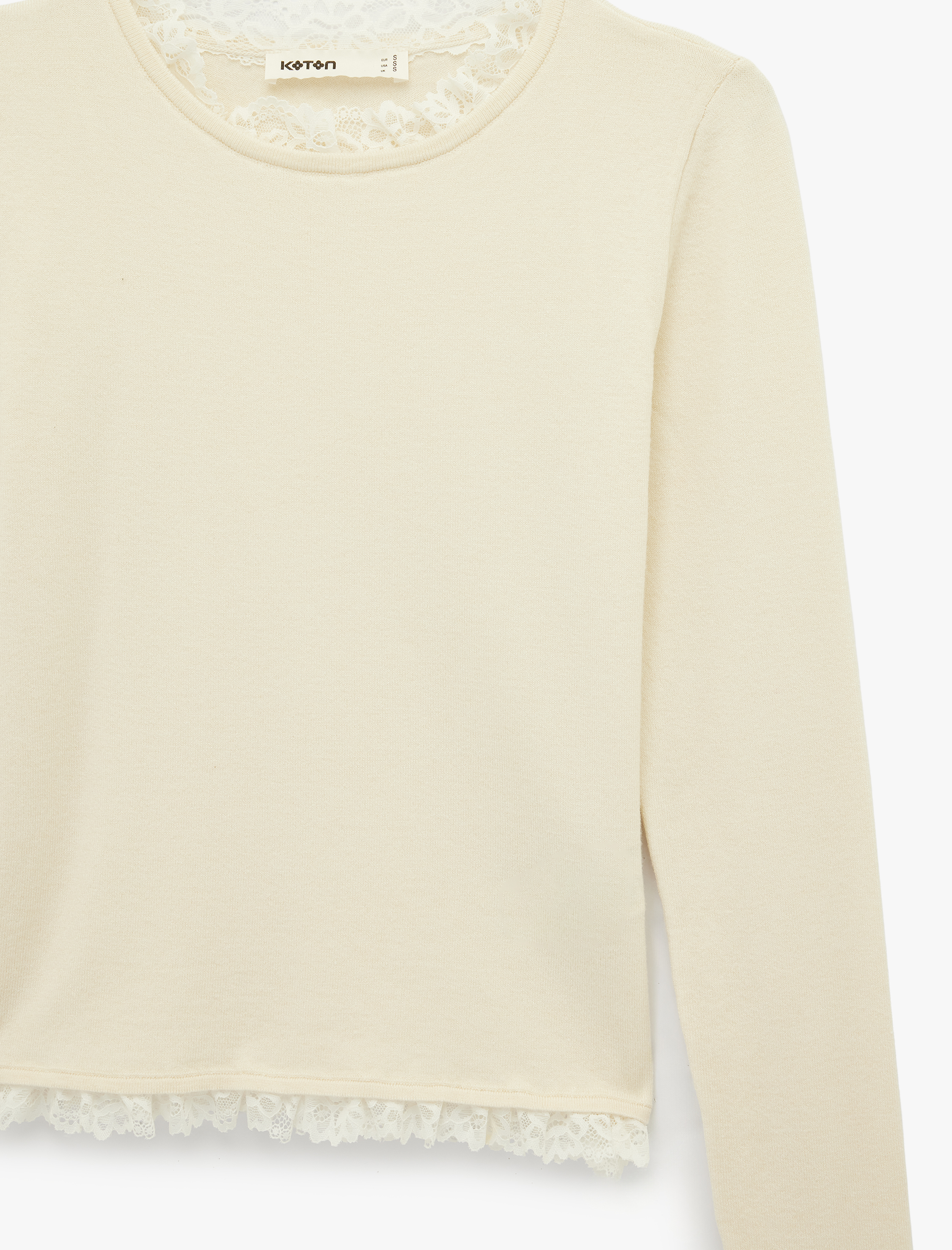   Uzun Kollu Yuvarlak Yaka Dantel Detaylı Triko Kazak