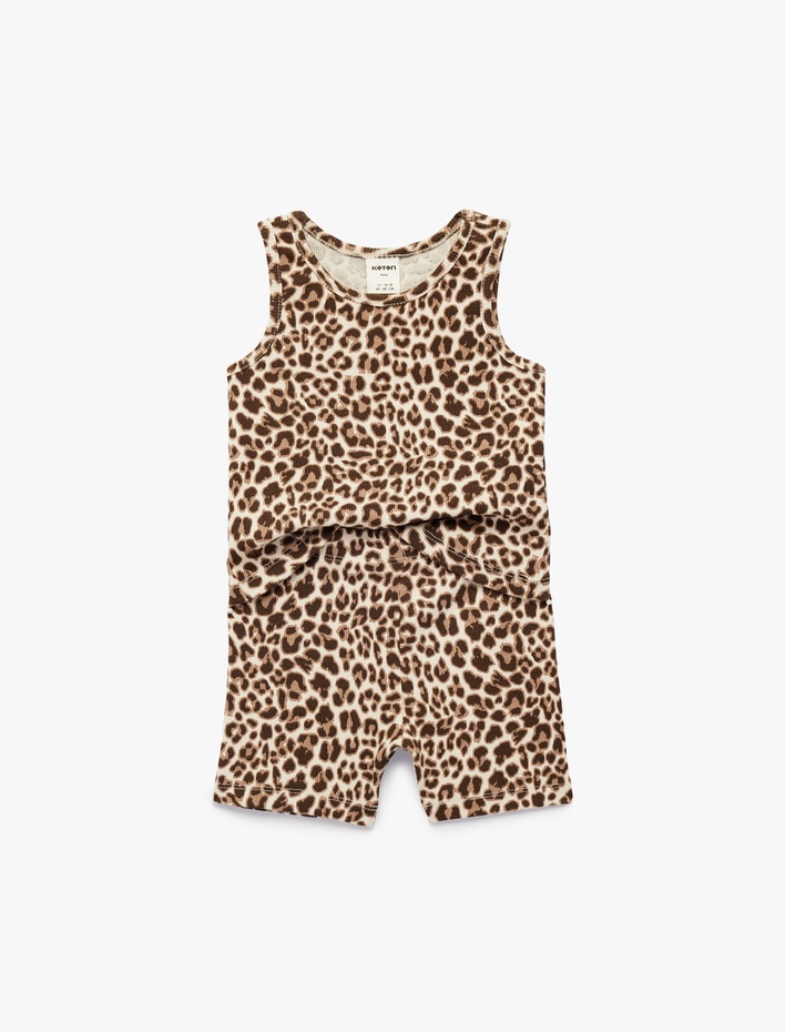 Kız Bebek Leopar Desenli Ribanalı Bisiklet Yaka Pamuklu Tulum
