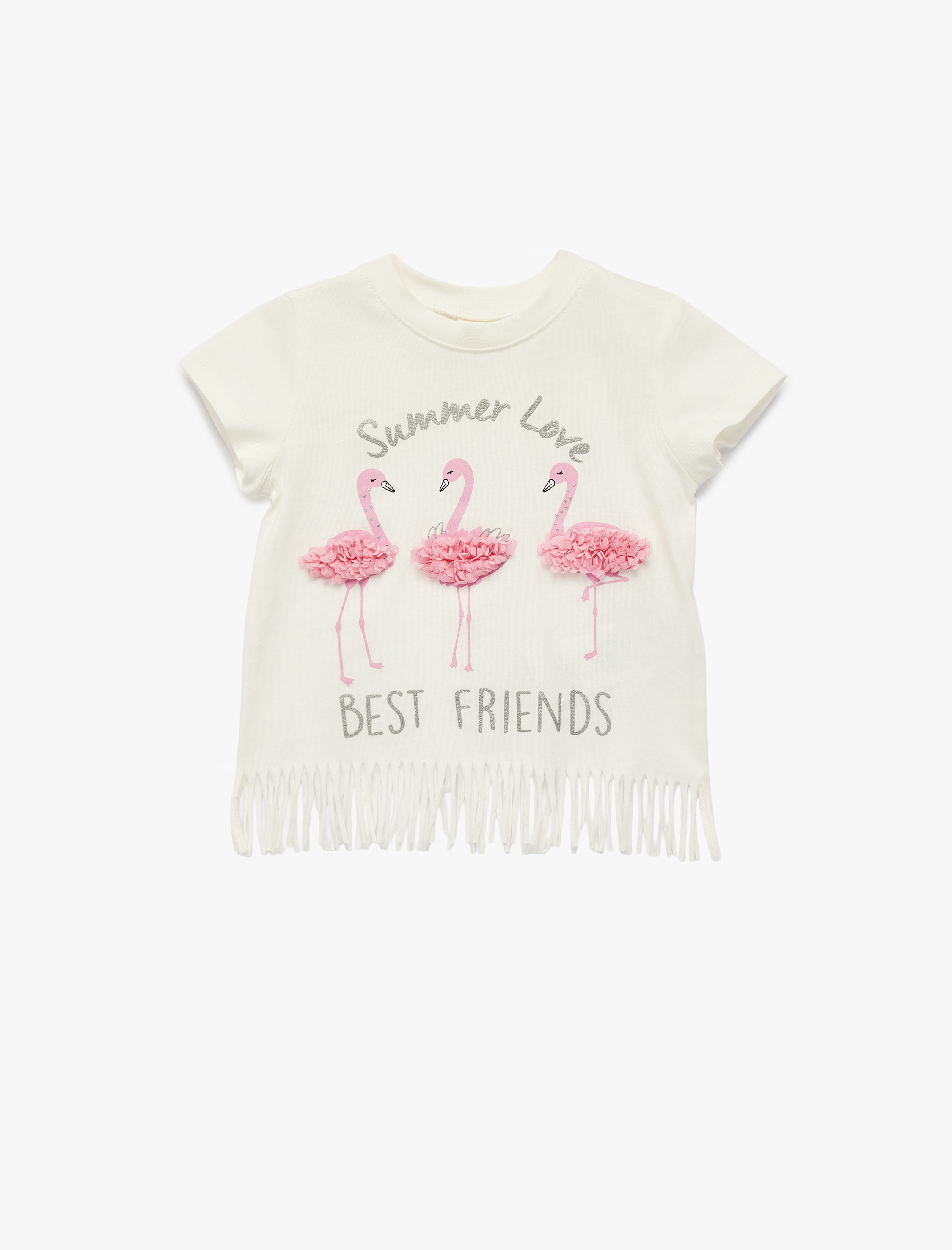  Kız Bebek Flamingo Baskılı Aplike Detaylı Kısa Kollu Bisiklet Yaka Pamuklu Püsküllü Tişört