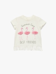 Flamingo Baskılı Aplike Detaylı Kısa Kollu Bisiklet Yaka Pamuklu Püsküllü Tişört