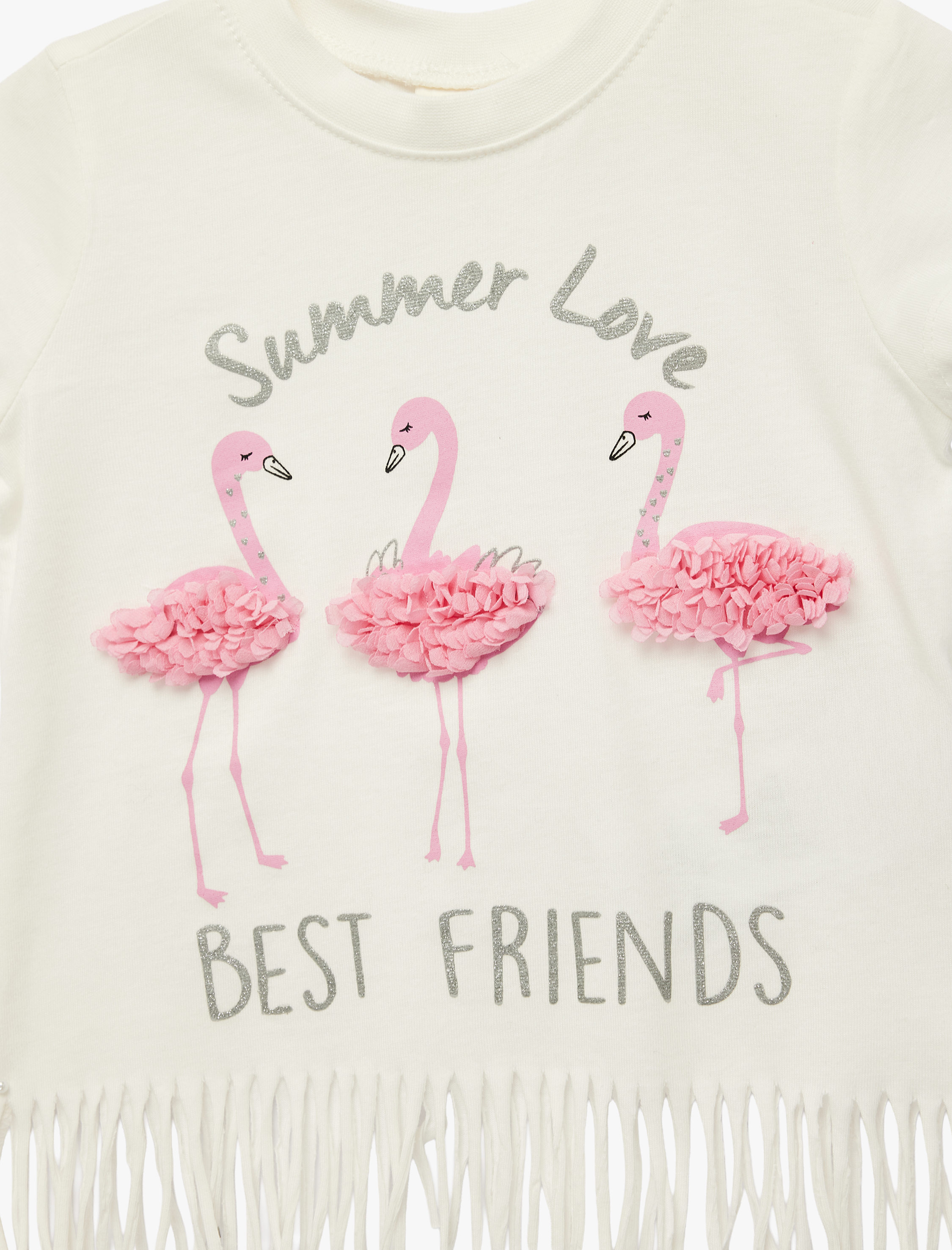  Kız Bebek Flamingo Baskılı Aplike Detaylı Kısa Kollu Bisiklet Yaka Pamuklu Püsküllü Tişört