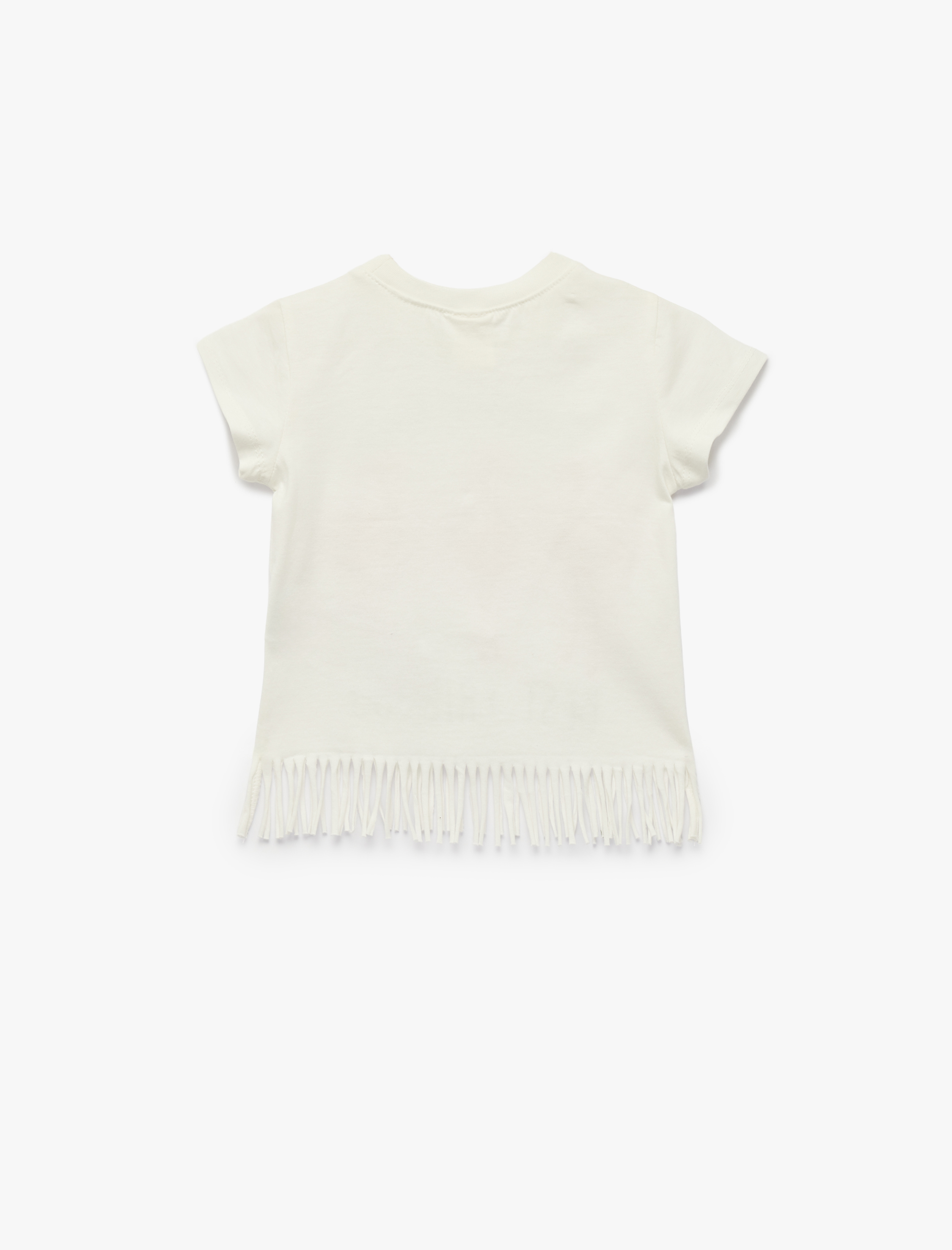  Kız Bebek Flamingo Baskılı Aplike Detaylı Kısa Kollu Bisiklet Yaka Pamuklu Püsküllü Tişört