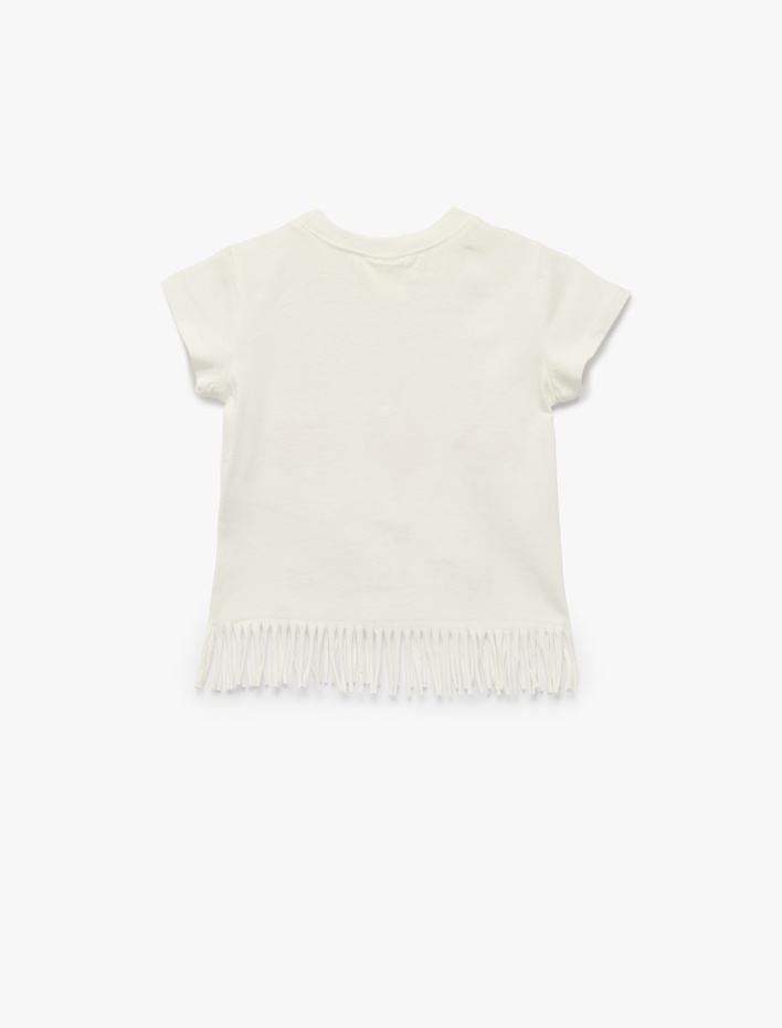 Kız Bebek Flamingo Baskılı Aplike Detaylı Kısa Kollu Bisiklet Yaka Pamuklu Püsküllü Tişört