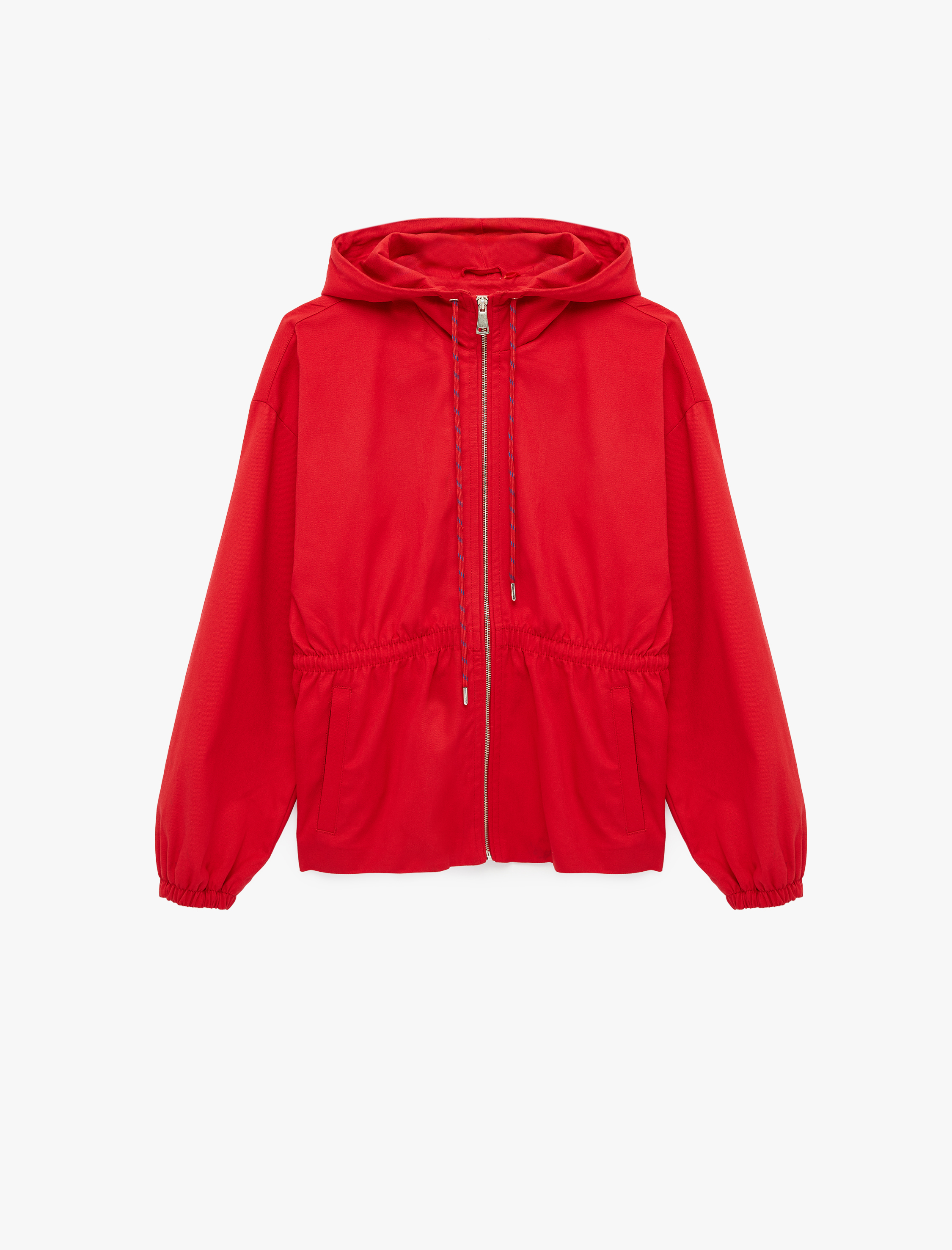   Gabardin Kumaş Cep Detaylı Büzgülü Fermuarlı Kapüşonlu Ceket