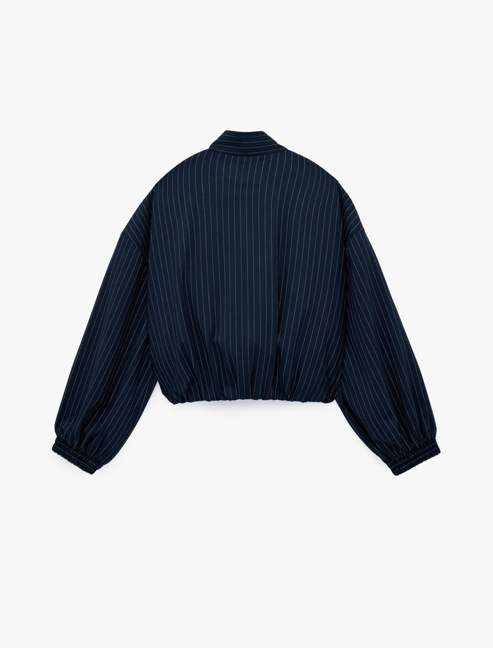  Uzun Kollu Cepli Dik Yaka Çizgili Bomber Ceket