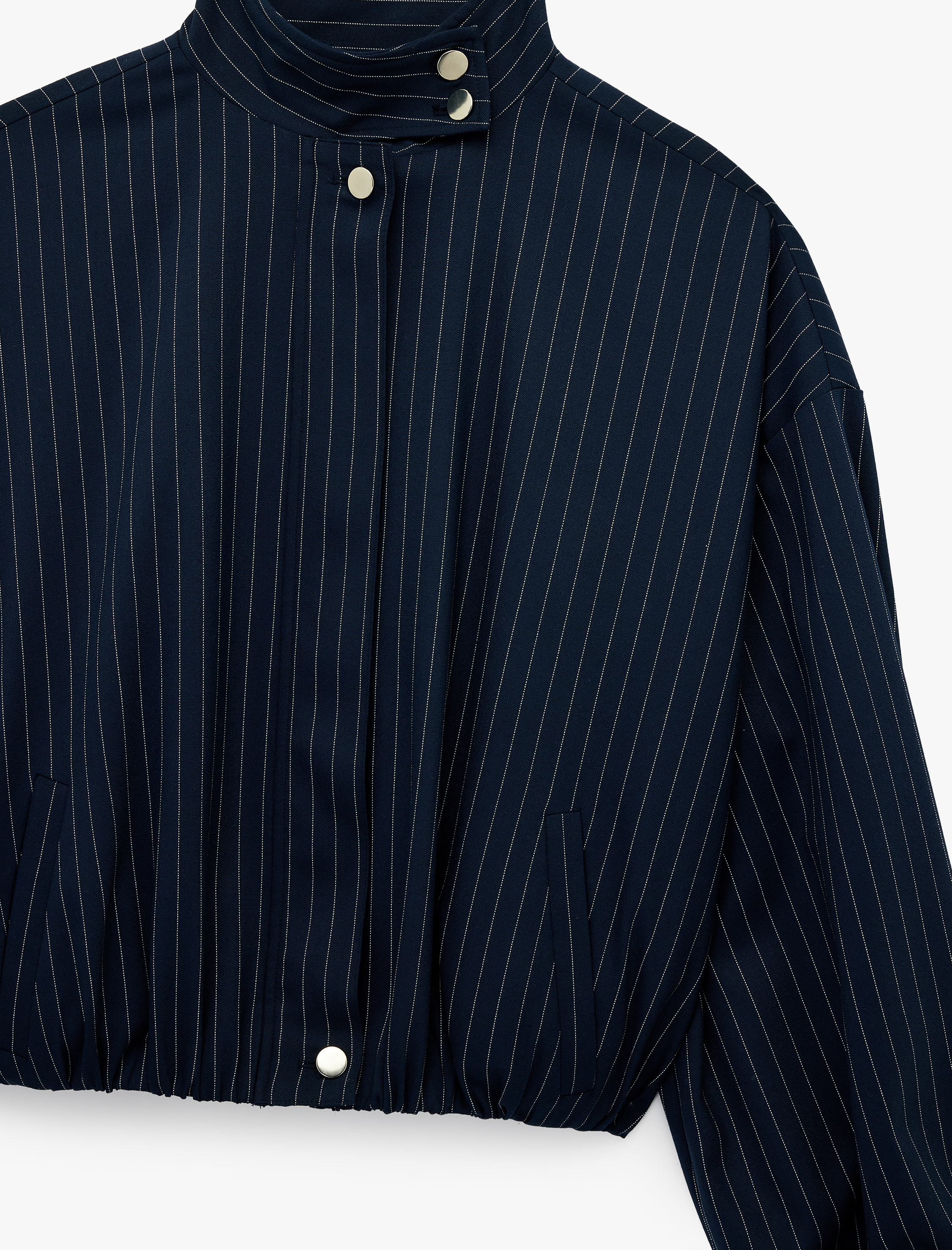   Uzun Kollu Cepli Dik Yaka Çizgili Bomber Ceket