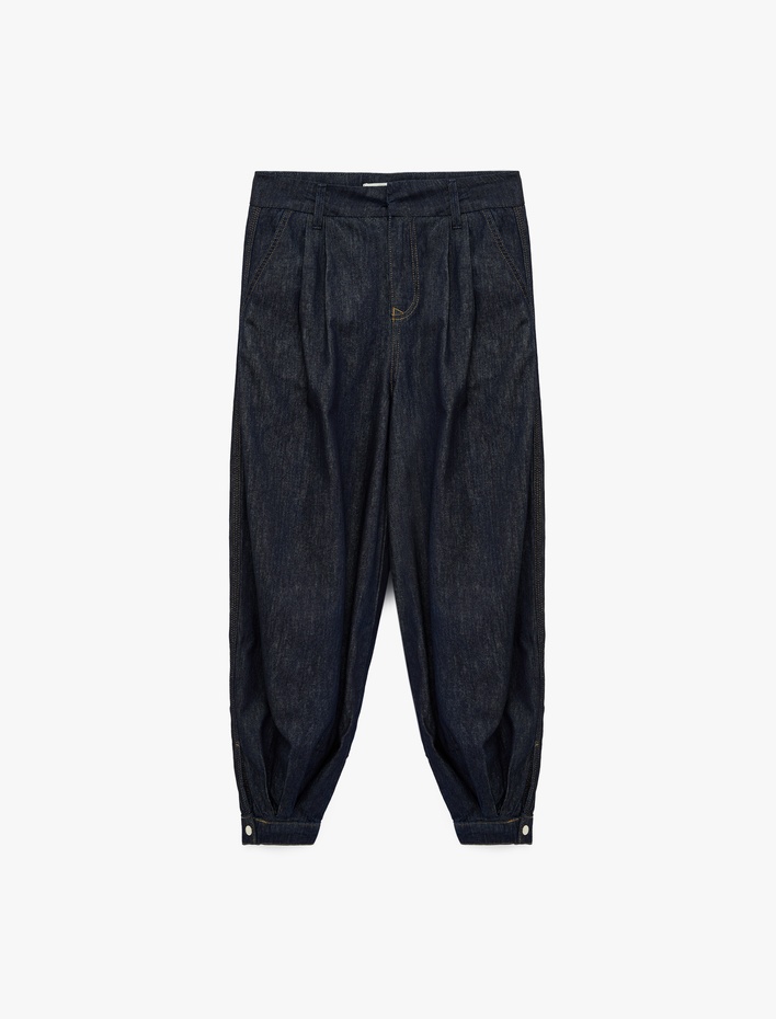  Pamuklu Rahat Kalıp Stoperli Paça Düğmeli Cepli Denim Pantolon