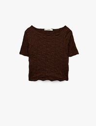 Bürümcük Kumaş Slim Fit Kısa Kollu Kayık Yaka Crop Tişört