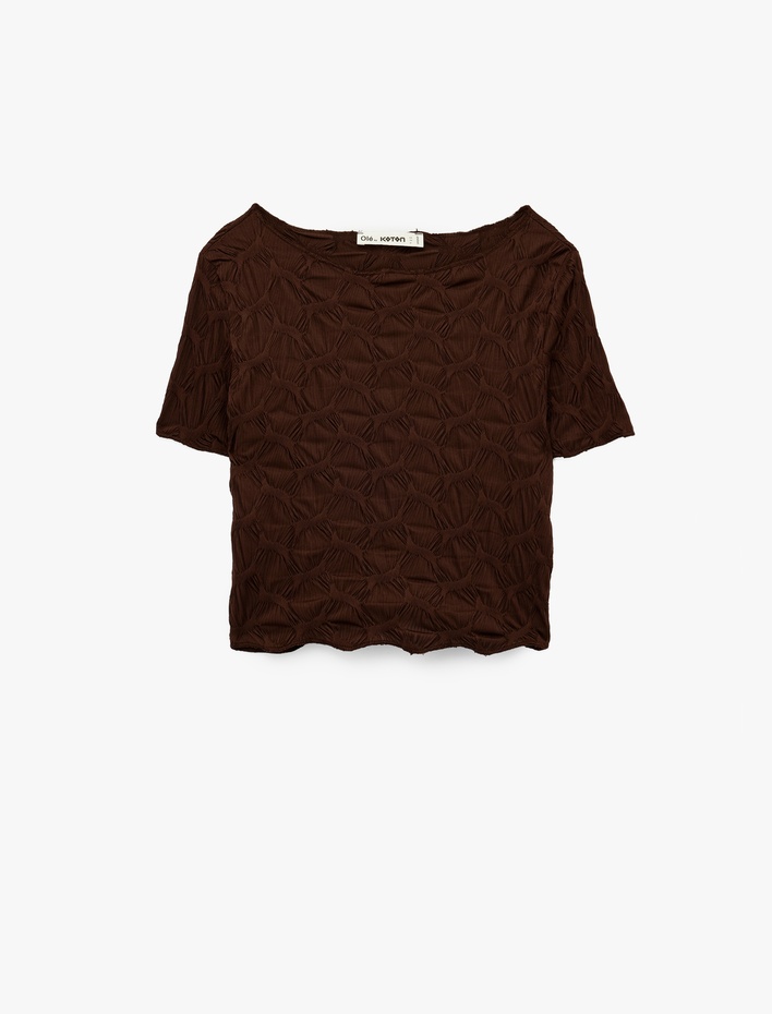  Bürümcük Kumaş Slim Fit Kısa Kollu Kayık Yaka Crop Tişört