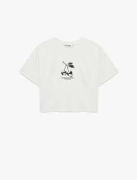 Rahat Kalıp Kısa Kollu Bisiklet Yaka Kiraz Baskılı Tişört