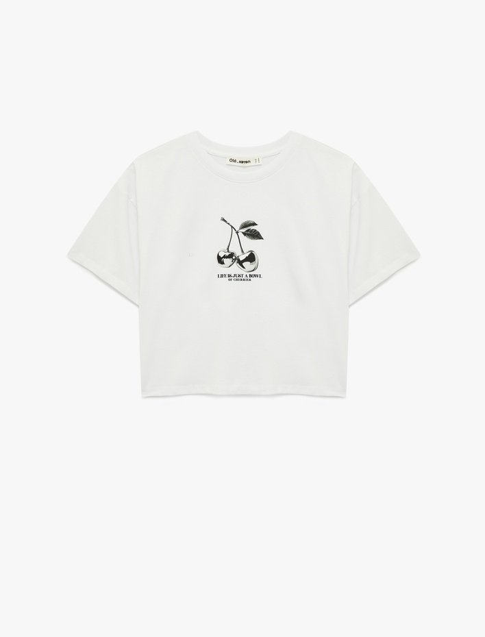  Rahat Kalıp Kısa Kollu Bisiklet Yaka Kiraz Baskılı Tişört