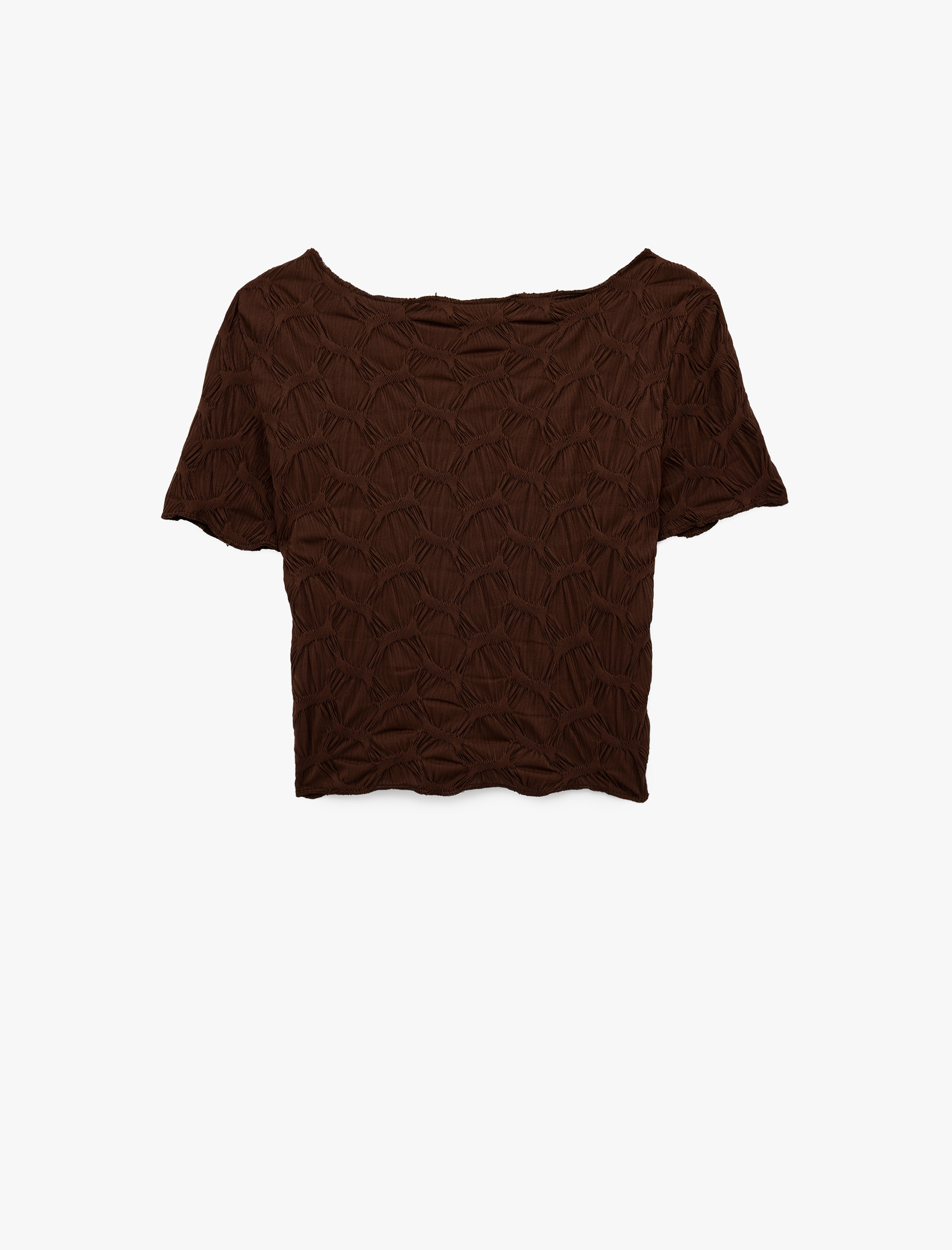   Bürümcük Kumaş Slim Fit Kısa Kollu Kayık Yaka Crop Tişört