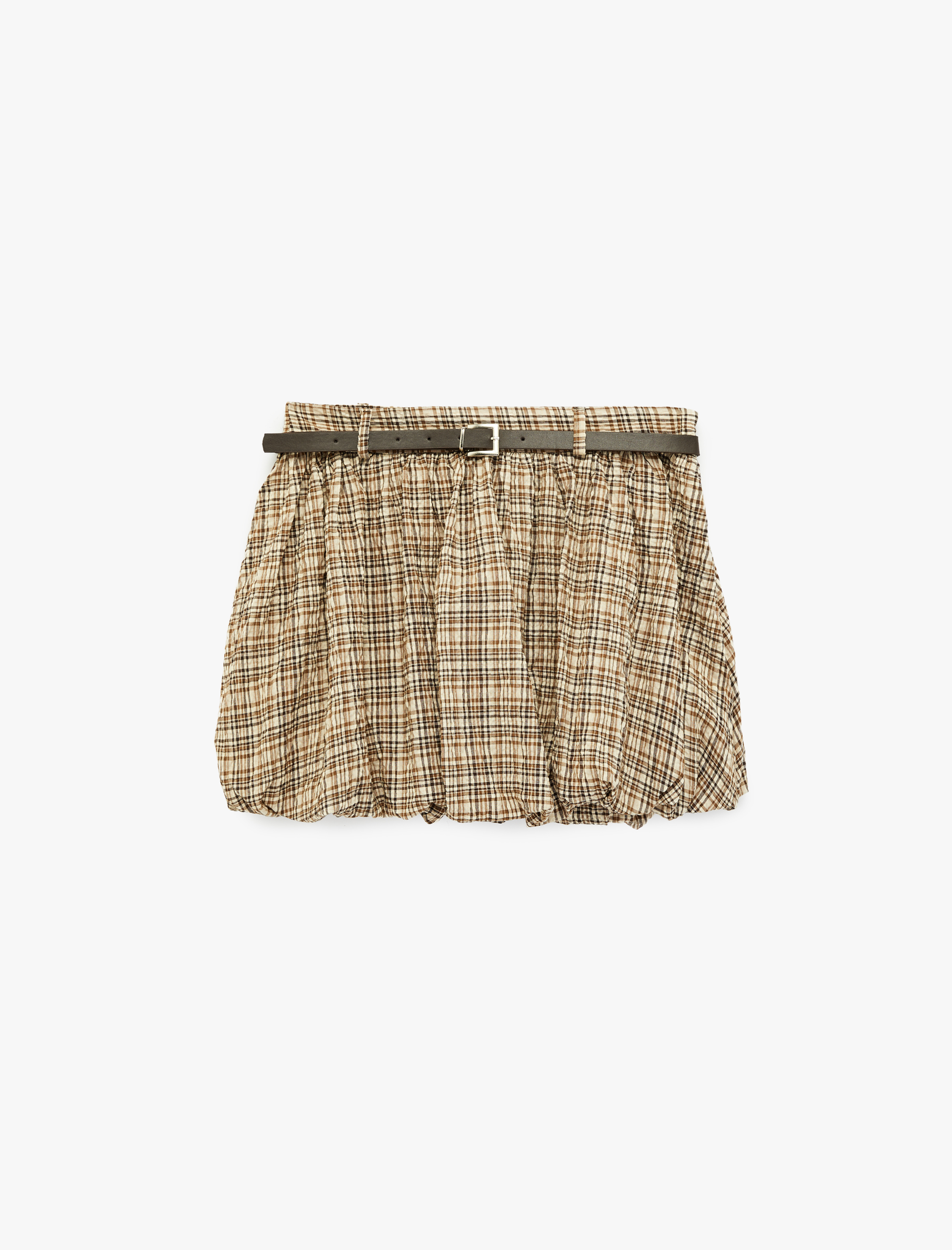   Kemer Detaylı Ekoseli Rahat Kesim Mini Balon Etek