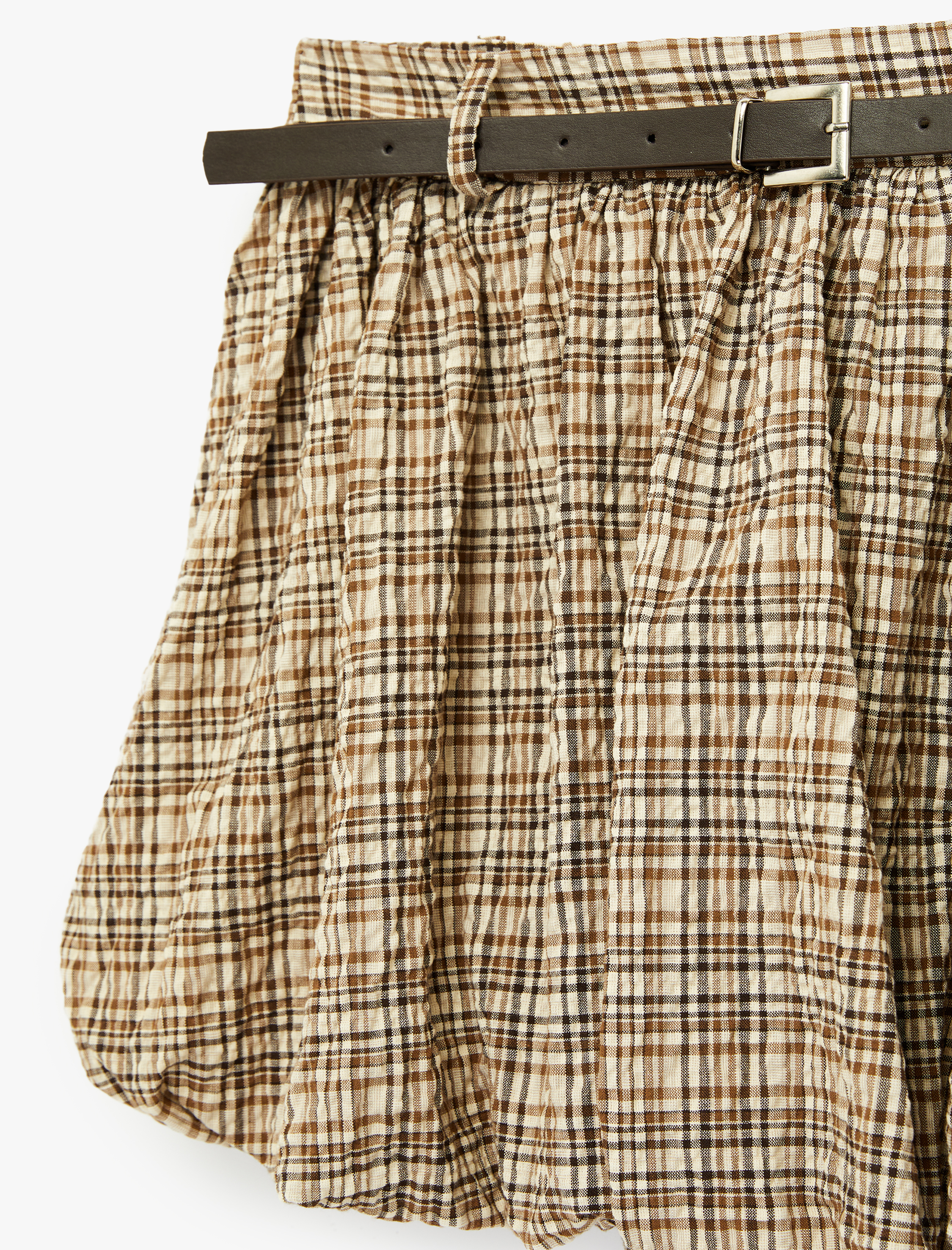   Kemer Detaylı Ekoseli Rahat Kesim Mini Balon Etek