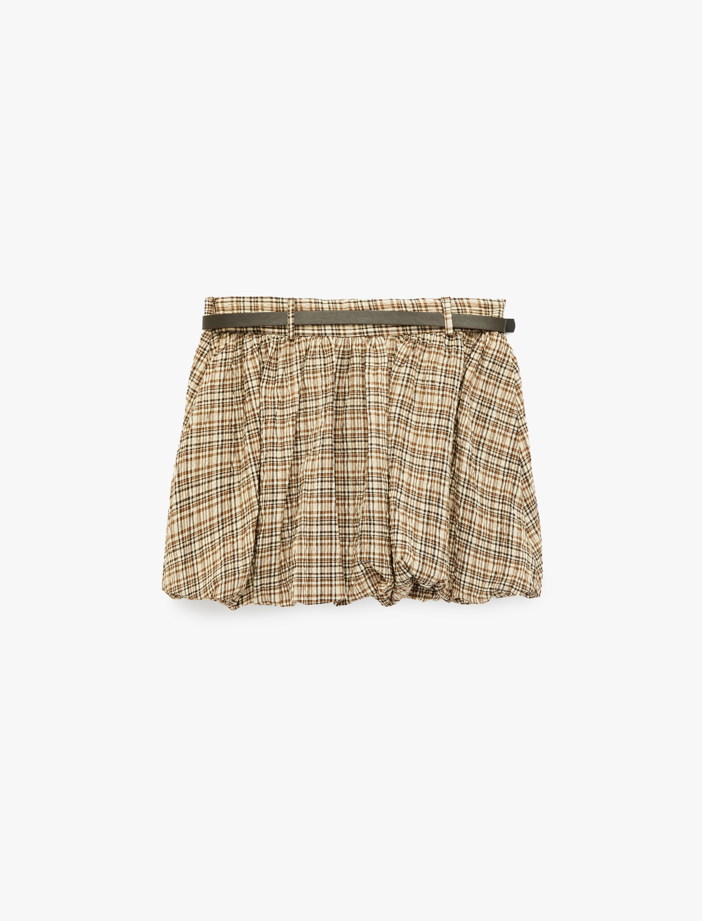   Kemer Detaylı Ekoseli Rahat Kesim Mini Balon Etek