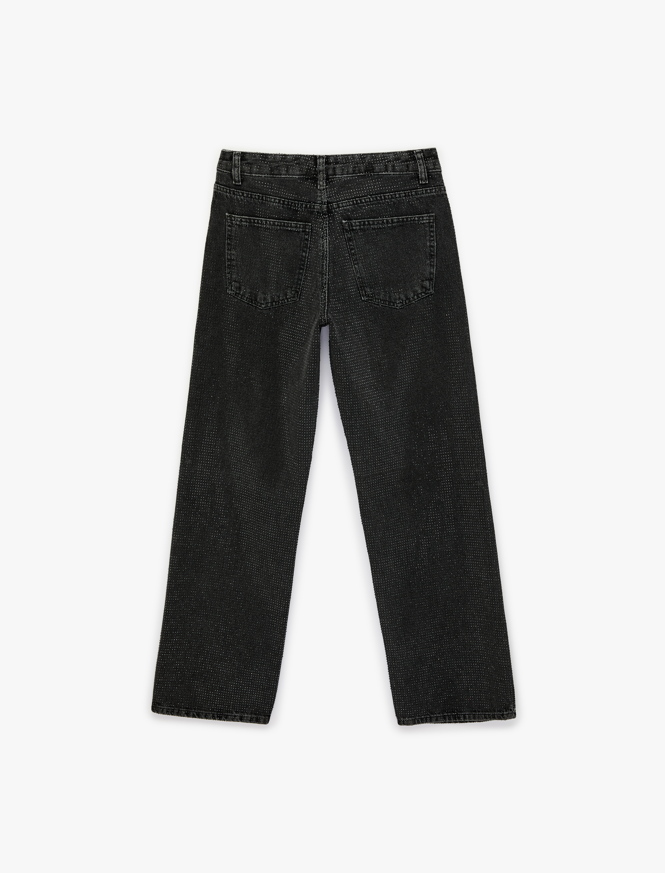   Düz Paça Normal Bel Taş Detaylı Pamuklu Denim Pantolon - Straight Fit Jean