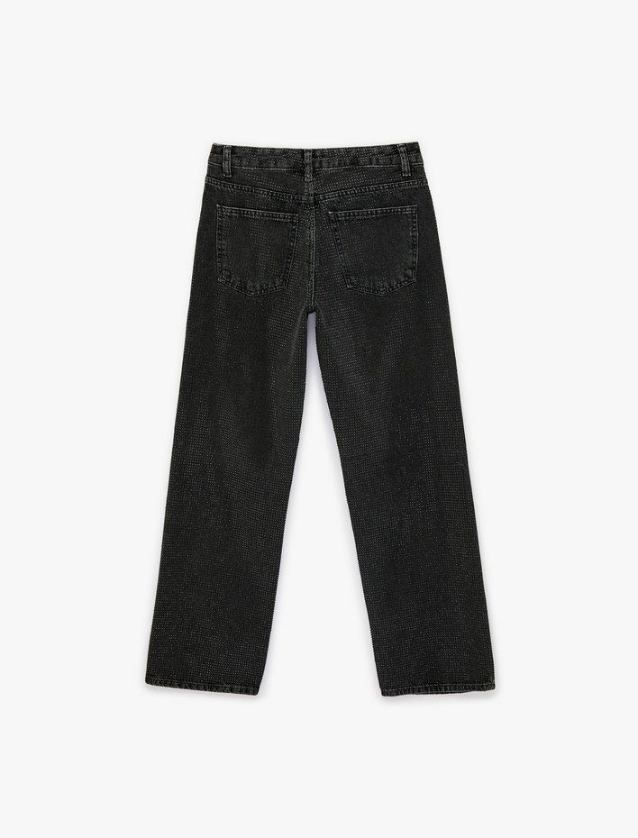  Düz Paça Normal Bel Taş Detaylı Pamuklu Denim Pantolon - Straight Fit Jean