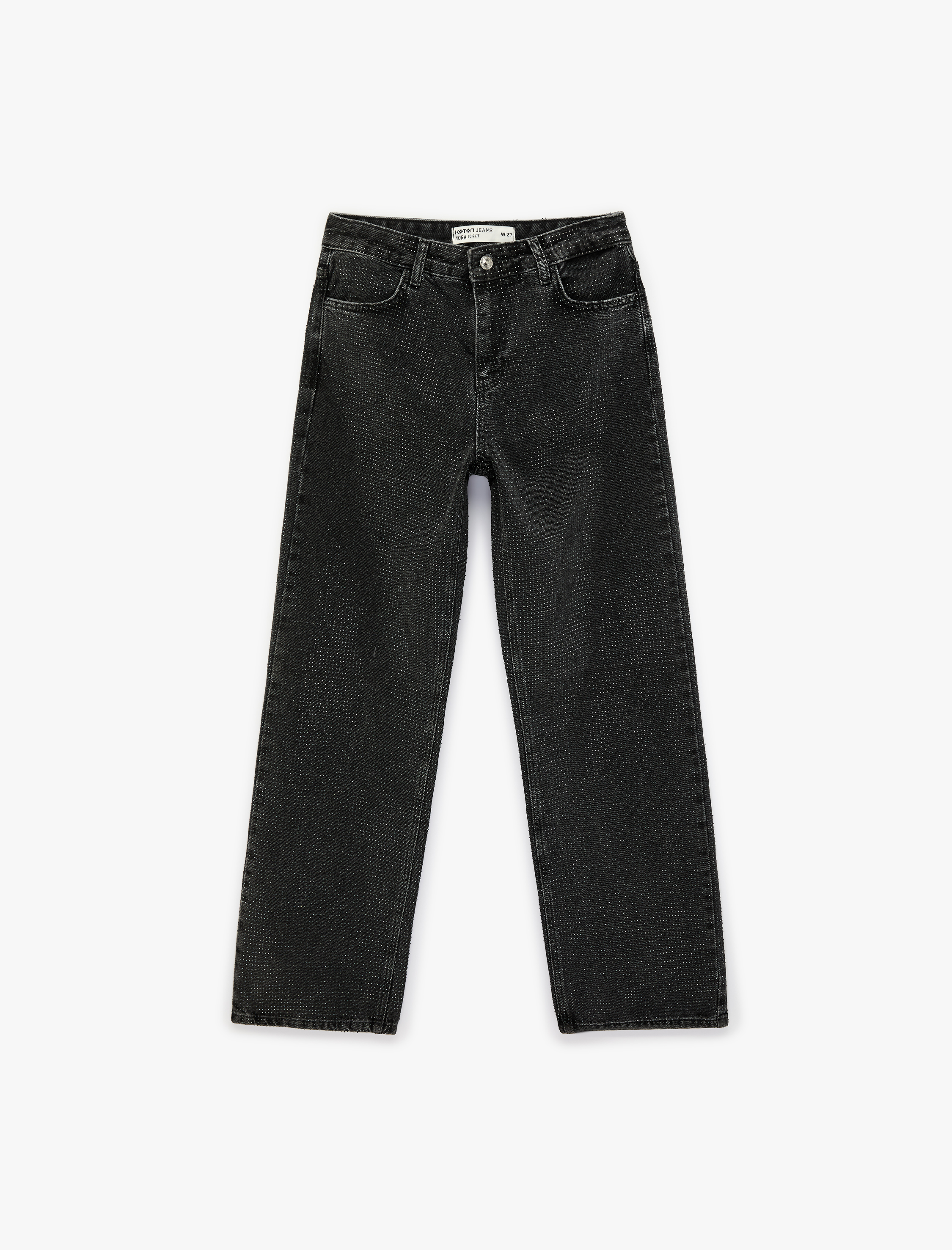   Düz Paça Normal Bel Taş Detaylı Pamuklu Denim Pantolon - Straight Fit Jean